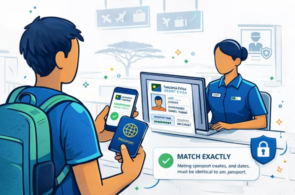 Flat or semi-flat vector illustration, clean lines, modern tech operations mood, slight isometric airport scene, not photorealistic. A faceless traveler at airline check-in holding a passport and phone showing an approved Tanzania eVisa grant notice, while a calm agent verifies details on a screen; in the background a subtle immigration checkpoint icon. Deep blue and turquoise palette with Tanzania-inspired accents in warm gold and green. Minimal white and light grey background with a faint outline of an acacia tree and airport signage silhouette. Safe, efficient, organized feeling, abstract neutral characters, no distinct facial features. Flat or semi-flat vector illustration, clean lines, modern tech operations mood, slight isometric airport scene, not photorealistic. A faceless traveler at airline check-in holding a passport and phone showing an approved Tanzania eVisa grant notice, while a calm agent verifies details on a screen; in the background a subtle immigration checkpoint icon. Deep blue and turquoise palette with Tanzania-inspired accents in warm gold and green. Minimal white and light grey background with a faint outline of an acacia tree and airport signage silhouette. Safe, efficient, organized feeling, abstract neutral characters, no distinct facial features.
