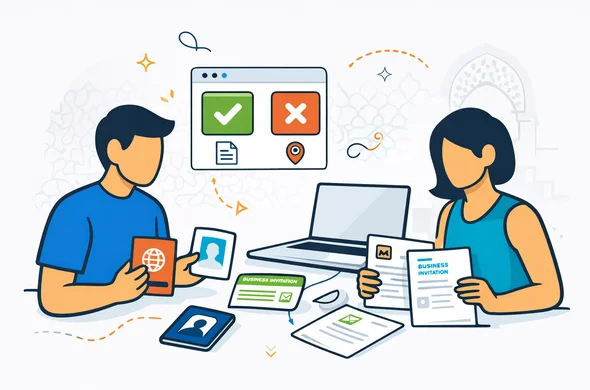 Semi flat vector illustration, modern visa preparation scene, faceless neutral characters organizing Morocco eVisa documents on a desk with passport, ID photo, residence card, and business invitation paper near a laptop. Deep blue and turquoise primary colors with Morocco accent colors in desert red, saffron, and mosaic green. Minimal white and grey background with subtle geometric Moroccan tile pattern and a faint Marrakech arch silhouette. Calm, safe, orderly, efficient, no readable text, not photorealistic. Semi flat vector illustration, modern visa preparation scene, faceless neutral characters organizing Morocco eVisa documents on a desk with passport, ID photo, residence card, and business invitation paper near a laptop. Deep blue and turquoise primary colors with Morocco accent colors in desert red, saffron, and mosaic green. Minimal white and grey background with subtle geometric Moroccan tile pattern and a faint Marrakech arch silhouette. Calm, safe, orderly, efficient, no readable text, not photorealistic.