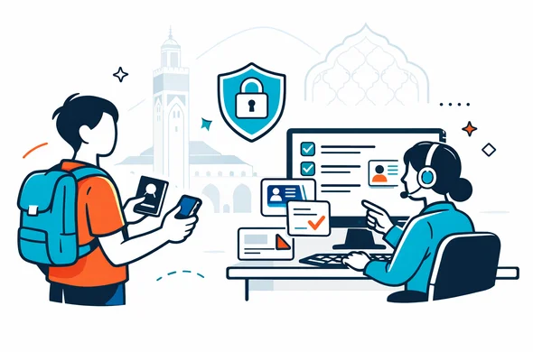 Semi-flat vector illustration, modern digital visa service scene, 2D with light isometric feel, deep blue and turquoise brand palette with warm terracotta and Moroccan red accents, faceless abstract traveler holding passport and phone while a calm support specialist reviews an eVisa dashboard with checklist and document cards, secure shield icon, minimalist white and light grey background, faint outline of Hassan II Mosque and subtle Moroccan arch pattern, clean lines, calm organized safe atmosphere, no photorealism, no text, modern SaaS landing page style