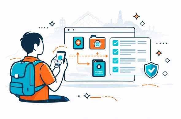 Semi-flat vector illustration of a smooth online Morocco eVisa submission journey, deep blue and turquoise interface with warm terracotta and desert orange accents, faceless traveler uploading documents from a phone while a floating dashboard shows checklist completion, passport, travel file and secure progress flow, minimalist white and light grey background, faint silhouette of Moroccan city skyline and decorative geometric arch elements, calm trustworthy organized feeling, no photorealism, no text, clean landing page composition