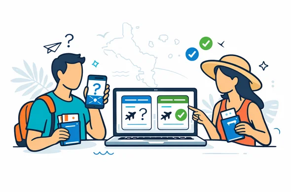 Flat or semi-flat vector illustration, clean lines, modern travel-tech feel, 2D with light isometric elements, Aid-Air brand colors deep blue and turquoise with Seychelles accent coral, tropical green and sandy beige. Show faceless abstract travelers comparing similar travel permit cards on a laptop and smartphone, holding passport and boarding pass, with visual contrast between search confusion and official process, calm organized safe atmosphere. Minimal white and light grey background with faint outline of Seychelles islands, palm leaf silhouette and soft ocean-themed geometric shapes. No photorealism, no readable text, no watermark. Flat or semi-flat vector illustration, clean lines, modern travel-tech feel, 2D with light isometric elements, Aid-Air brand colors deep blue and turquoise with Seychelles accent coral, tropical green and sandy beige. Show faceless abstract travelers comparing similar travel permit cards on a laptop and smartphone, holding passport and boarding pass, with visual contrast between search confusion and official process, calm organized safe atmosphere. Minimal white and light grey background with faint outline of Seychelles islands, palm leaf silhouette and soft ocean-themed geometric shapes. No photorealism, no readable text, no watermark.