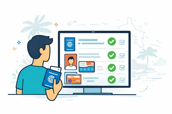 Flat or semi-flat vector illustration, modern tech travel checklist scene, clean lines, 2D with slight isometric composition, deep blue and turquoise brand palette with Seychelles accent coral, ocean aqua and sandy beige. Show faceless abstract character reviewing passport, selfie photo, flight ticket, hotel booking and payment card on a digital dashboard checklist, calm efficient atmosphere, minimal white and light grey background with faint palm tree silhouette and island shoreline outline. No photorealism, no readable text, no watermark. Flat or semi-flat vector illustration, modern tech travel checklist scene, clean lines, 2D with slight isometric composition, deep blue and turquoise brand palette with Seychelles accent coral, ocean aqua and sandy beige. Show faceless abstract character reviewing passport, selfie photo, flight ticket, hotel booking and payment card on a digital dashboard checklist, calm efficient atmosphere, minimal white and light grey background with faint palm tree silhouette and island shoreline outline. No photorealism, no readable text, no watermark.