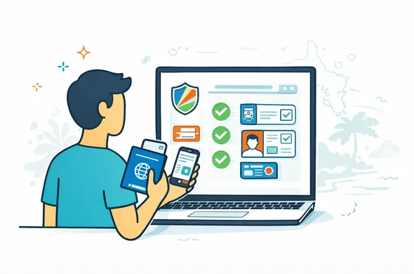 Flat or semi-flat vector illustration, clean lines, modern visa support and travel readiness scene, 2D with light isometric perspective, deep blue and turquoise with Seychelles accent coral, seafoam and sandy beige. Show a faceless traveler calmly checking an official government portal on a laptop while holding passport and phone, with approval-style icons, document checklist and subtle beach or island silhouette in the background. Atmosphere safe, organized, efficient, minimalist white and grey backdrop, no photorealism, no readable text, no watermark. Flat or semi-flat vector illustration, clean lines, modern visa support and travel readiness scene, 2D with light isometric perspective, deep blue and turquoise with Seychelles accent coral, seafoam and sandy beige. Show a faceless traveler calmly checking an official government portal on a laptop while holding passport and phone, with approval-style icons, document checklist and subtle beach or island silhouette in the background. Atmosphere safe, organized, efficient, minimalist white and grey backdrop, no photorealism, no readable text, no watermark.