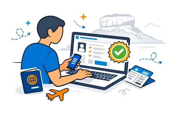 Flat vector illustration, clean lines, modern tech feel, semi-isometric. A calm traveler using a laptop and phone to review a Sri Lanka ETA online application dashboard, with a passport, flight icon, and digital approval badge. Deep blue and turquoise brand colors with warm saffron and golden accents inspired by Sri Lanka. Faceless abstract characters, minimal white and light grey background, subtle silhouette of Sigiriya Rock in the distance, safe organized atmosphere, not photorealistic. Flat vector illustration, clean lines, modern tech feel, semi-isometric. A calm traveler using a laptop and phone to review a Sri Lanka ETA online application dashboard, with a passport, flight icon, and digital approval badge. Deep blue and turquoise brand colors with warm saffron and golden accents inspired by Sri Lanka. Faceless abstract characters, minimal white and light grey background, subtle silhouette of Sigiriya Rock in the distance, safe organized atmosphere, not photorealistic.