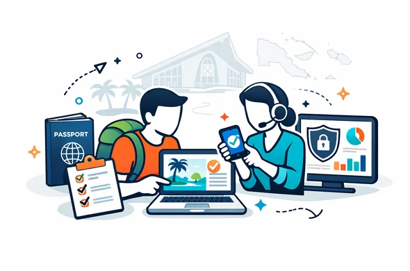 Flat vector illustration, clean lines, modern travel-tech feel, light isometric. A calm abstract traveler and a digital visa assistant review an online eVisa application for Papua New Guinea on a laptop and phone, with passport, document checklist, and secure dashboard. Deep blue and turquoise brand colors with destination-inspired accents of coral, tropical green, and warm gold. Minimal white and soft grey background with a faint silhouette of Papua New Guinea Parliament House and subtle island outline. Faceless neutral characters, organized, safe, efficient, not photorealistic.