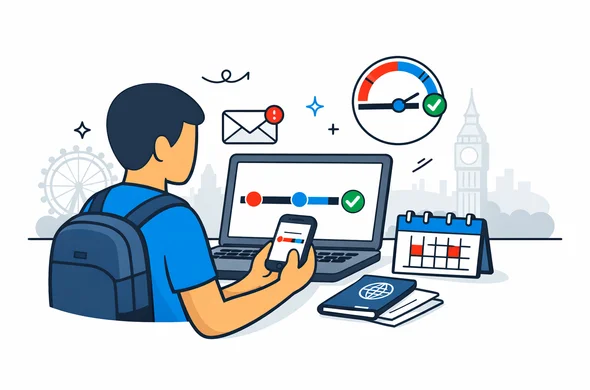 Flat or semi-flat vector illustration, clean lines, modern tech feel, light isometric 2D. A faceless traveler checking a United Kingdom ETA approval timeline on a laptop and smartphone, with passport, calendar, email notification, and progress bar. Deep blue and turquoise primary palette with United Kingdom inspired red accents. Minimal white and light grey background with a faint London skyline and Big Ben silhouette. Calm, organized, efficient, safe atmosphere. Abstract neutral characters, no distinct facial features, no photorealism, no text, no watermark