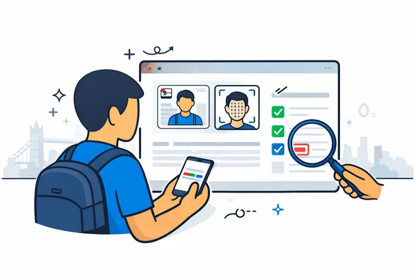 Flat or semi-flat vector illustration, clean lines, modern tech feel, 2D or light isometric. A faceless traveler reviewing a United Kingdom ETA application that shows pending review, with passport photo, face scan icon, checklist, and magnifying glass on a digital dashboard. Deep blue and turquoise primary palette with subtle red accent inspired by England. Minimal white and soft grey background with a faint outline of Tower Bridge and London skyline. Calm, organized, reassuring atmosphere. Abstract neutral characters, no distinct facial features, no photorealism, no text, no watermark