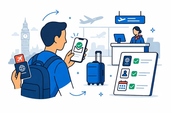 Flat or semi-flat vector illustration, clean lines, modern tech feel, light isometric 2D. A faceless traveler preparing for a flight to the United Kingdom with passport, phone showing ETA approval email, suitcase, airport check in counter, and pre travel checklist. Deep blue and turquoise primary palette with England inspired red accents. Minimal white and light grey background with a faint airport scene and London landmark silhouette. Calm, organized, efficient, safe mood. Abstract neutral characters, no distinct facial features, no photorealism, no text, no watermark