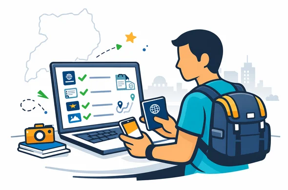 Flat semi flat vector illustration, modern travel tech scene, faceless neutral traveller checking Uganda visa requirements on a laptop and holding a passport and phone, organized checklist UI with passport validity, documents, visa type and route planning, deep blue and turquoise primary colors with Uganda inspired green and warm yellow accents, calm and efficient atmosphere, minimal white and light grey background, faint outline of Uganda map and subtle Kampala skyline silhouette, clean lines, 2D with light isometric feel, no photorealism, no readable text