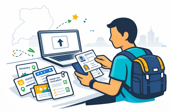 Flat vector illustration, faceless traveller organizing Uganda visa documents on a clean desk, passport bio page, passport photo, itinerary, hotel booking, invitation letter and checklist cards near a laptop upload screen, deep blue and turquoise primary colors with Uganda inspired green and golden yellow accents, safe and organized atmosphere, minimalist white and grey background, faint outline of Uganda map, clean modern lines, light isometric perspective, no photorealism, no readable text