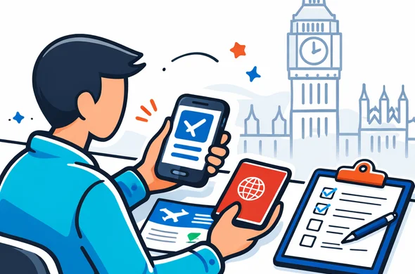 Flat or semi-flat vector illustration, clean lines, modern tech feel, isometric 2D. A faceless traveler comparing a UK ETA approval on a smartphone with a passport, flight booking, and checklist on a desk, trying to verify whether the approved travel authorization still matches the travel document. Deep blue and turquoise primary colors with England-inspired red accents. Calm, organized, efficient, safe atmosphere. Minimalist white and light grey background with a faint outline of Big Ben and a subtle London skyline. Abstract neutral characters, no distinct facial features, not photorealistic, no readable text. Flat or semi-flat vector illustration, clean lines, modern tech feel, isometric 2D. A faceless traveler comparing a UK ETA approval on a smartphone with a passport, flight booking, and checklist on a desk, trying to verify whether the approved travel authorization still matches the travel document. Deep blue and turquoise primary colors with England-inspired red accents. Calm, organized, efficient, safe atmosphere. Minimalist white and light grey background with a faint outline of Big Ben and a subtle London skyline. Abstract neutral characters, no distinct facial features, not photorealistic, no readable text.