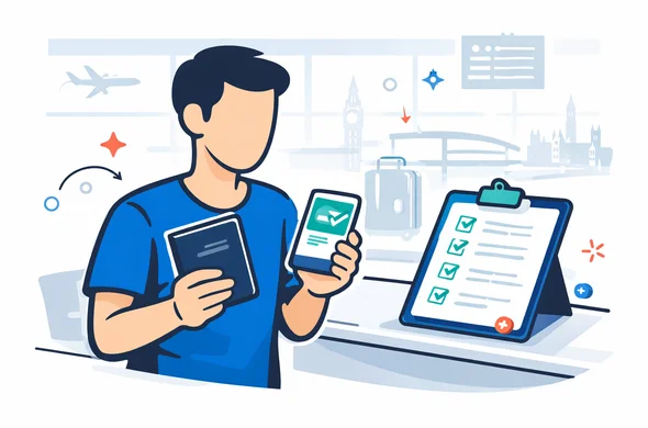 Flat or semi-flat vector illustration, clean lines, modern tech feel, isometric 2D. A faceless traveler at an airport check-in counter showing passport and phone with approved UK ETA while reviewing a final checklist before boarding. Deep blue and turquoise primary colors with England-inspired red accents. Calm, organized, efficient, safe atmosphere. Minimalist white and light grey background with a faint airport scene and subtle London landmark silhouette. Abstract neutral characters, no distinct facial features, not photorealistic, no readable text. Flat or semi-flat vector illustration, clean lines, modern tech feel, isometric 2D. A faceless traveler at an airport check-in counter showing passport and phone with approved UK ETA while reviewing a final checklist before boarding. Deep blue and turquoise primary colors with England-inspired red accents. Calm, organized, efficient, safe atmosphere. Minimalist white and light grey background with a faint airport scene and subtle London landmark silhouette. Abstract neutral characters, no distinct facial features, not photorealistic, no readable text.