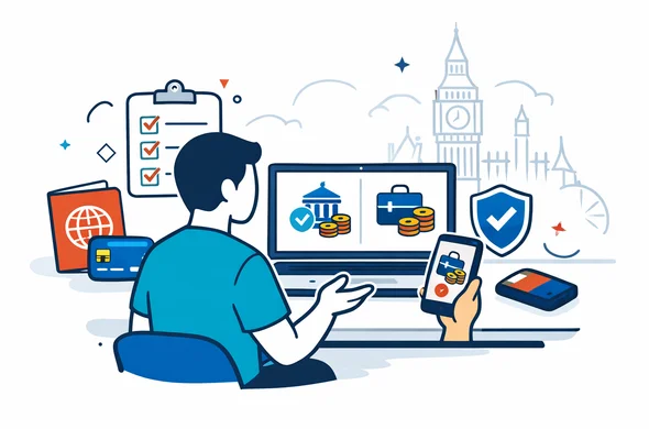 Flat or semi-flat vector illustration, clean lines, modern tech feel, light isometric 2D. A faceless traveler comparing the official UK ETA government fee with extra private service costs on a laptop and phone, with passport, payment card icons, checklist, and shield symbols. Deep blue and turquoise primary colors with England inspired red accents. Calm, organized, efficient, safe atmosphere. Minimalist white and light grey background with a faint London skyline and Big Ben outline. Abstract neutral characters, no distinct facial features, no readable text, not photorealistic.