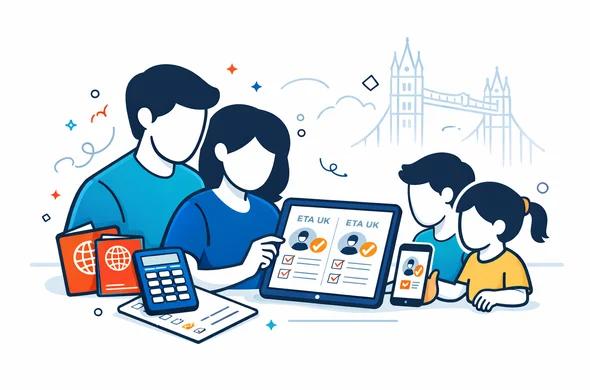 Flat or semi-flat vector illustration, clean lines, modern tech feel, 2D or light isometric. A faceless family of four planning a trip to the United Kingdom, reviewing separate UK ETA applications, passports, calculator, and payment checklist on a tablet. Deep blue and turquoise primary colors with England inspired red accents. Calm, organized, efficient, safe atmosphere. Minimalist white and light grey background with a faint London bridge silhouette. Abstract neutral characters, no distinct facial features, no readable text, not photorealistic.