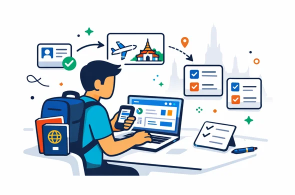 Flat or semi-flat vector illustration, clean lines, modern tech feel, 2D or light isometric. An abstract faceless traveler reviewing entry options for Thailand on a laptop and phone, with passport, checklist cards, route arrows, and a calm digital dashboard. Deep blue and turquoise primary colors with Thailand-inspired accents of warm gold, temple red, and tropical green. Minimalist white and light grey background with a faint silhouette of Bangkok temple roofs. Calm, organized, efficient, safe atmosphere. No readable text, not photorealistic.