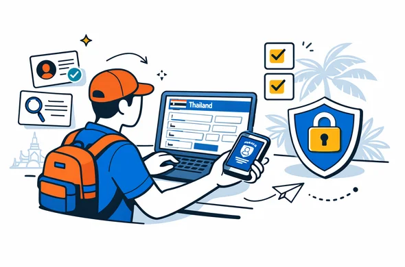 Flat or semi-flat vector illustration, clean lines, modern tech feel, light isometric 2D. A faceless traveler filling a Thailand digital arrival form on a laptop while checking passport details on a phone, with checklist icons, secure shield symbol, and document review cards. Deep blue and turquoise primary colors with Thailand-inspired gold and coral accents. Minimal white and light grey background with a faint outline of a Thai temple and palm leaves. Calm, organized, efficient, safe atmosphere. No readable text, not photorealistic.