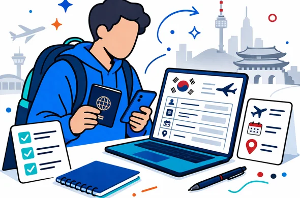 Flat or semi-flat vector illustration, clean lines, modern tech feel, isometric or 2D, not photorealistic. A faceless traveler reviewing a South Korea arrival card on a laptop while holding a passport and phone, with tidy checklist cards, travel details, and a calm digital support vibe. Deep blue and turquoise primary colors with South Korea inspired red and charcoal accents. Minimal white and light grey background with a faint Seoul skyline silhouette and subtle airport elements. Abstract neutral characters, no distinct facial features, organized, safe, efficient atmosphere, no readable text, no watermark.
