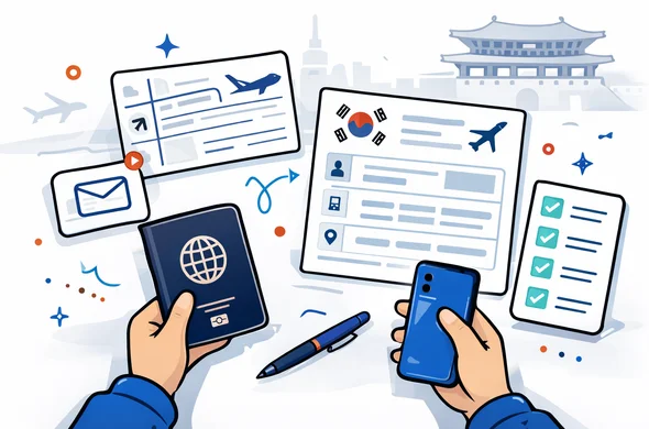 Flat or semi-flat vector illustration, clean lines, modern tech feel, 2D or light isometric, not photorealistic. A neat desk scene with passport, flight confirmation, hotel address card, email icon, mobile phone, and checklist for a South Korea arrival card. Deep blue and turquoise primary palette with South Korea inspired red accents and soft charcoal details. Minimal white and grey background with a faint outline of Gyeongbokgung Palace and subtle travel-tech interface cards. Faceless abstract character hands only, calm organized efficient mood, no readable text, no watermark.