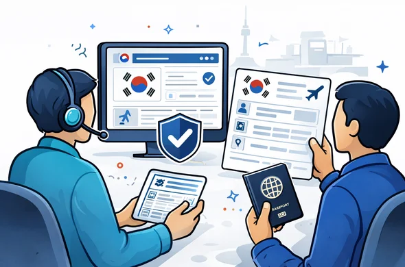 Flat or semi-flat vector illustration, clean lines, modern tech feel, isometric or 2D, not photorealistic. A faceless digital support specialist and traveler comparing a South Korea arrival card draft with the official government website on a screen, with shield icon, verified badge, passport, and flight details. Deep blue and turquoise primary colors with South Korea inspired red accents. Minimal white and grey background with a faint outline of N Seoul Tower and subtle immigration desk elements. Calm, trustworthy, organized atmosphere, abstract characters, no readable text, no watermark.