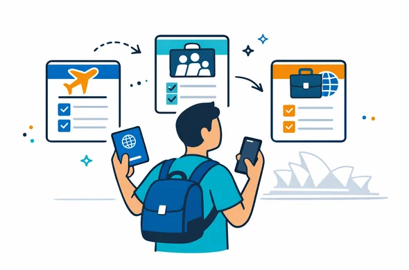 Flat semi-flat vector illustration, modern tech feel, isometric 2D composition, deep blue and turquoise primary palette with warm golden-orange accent inspired by Australia, faceless abstract traveler holding passport and phone while choosing between organized visa pathway cards, minimal white and light grey background, subtle silhouette of the Sydney Opera House, calm efficient safe atmosphere, clean lines, no photorealism Flat semi-flat vector illustration, modern tech feel, isometric 2D composition, deep blue and turquoise primary palette with warm golden-orange accent inspired by Australia, faceless abstract traveler holding passport and phone while choosing between organized visa pathway cards, minimal white and light grey background, subtle silhouette of the Sydney Opera House, calm efficient safe atmosphere, clean lines, no photorealism