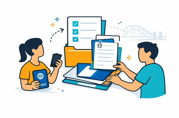 Flat or semi-flat vector illustration, clean modern tech style, 2D organized document preparation scene, deep blue and turquoise with Australian warm ochre accent, faceless abstract characters arranging passport, checklist, digital files and phone, minimal white-grey background with faint outline of the Sydney Harbour Bridge, calm safe efficient feeling, crisp lines, not photorealistic Flat or semi-flat vector illustration, clean modern tech style, 2D organized document preparation scene, deep blue and turquoise with Australian warm ochre accent, faceless abstract characters arranging passport, checklist, digital files and phone, minimal white-grey background with faint outline of the Sydney Harbour Bridge, calm safe efficient feeling, crisp lines, not photorealistic