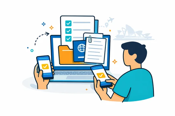 Modern flat vector illustration, clean tech interface, deep blue and turquoise primary colors with warm gold accent inspired by Australia, faceless abstract character submitting organized visa documents on laptop and phone, checklist completed, minimal white and soft grey background, subtle skyline silhouette with Sydney Opera House and travel icons, calm secure efficient atmosphere, crisp lines, non-photorealistic Modern flat vector illustration, clean tech interface, deep blue and turquoise primary colors with warm gold accent inspired by Australia, faceless abstract character submitting organized visa documents on laptop and phone, checklist completed, minimal white and soft grey background, subtle skyline silhouette with Sydney Opera House and travel icons, calm secure efficient atmosphere, crisp lines, non-photorealistic