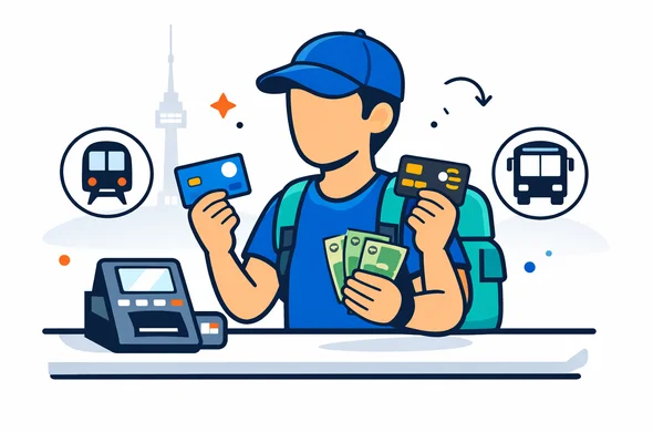 Flat or semi-flat vector illustration, clean lines, modern tech feel, 2D or light isometric, not photorealistic. A faceless traveler in South Korea comparing two smart transit cards at a convenience store counter, holding a phone with a metro map and Korean won cash, with small icons for subway and bus nearby. Primary colors deep blue and turquoise, with South Korea inspired red accents. Minimal white and soft grey background with a faint N Seoul Tower silhouette. Calm, organized, efficient, safe atmosphere. No readable text, no watermark.