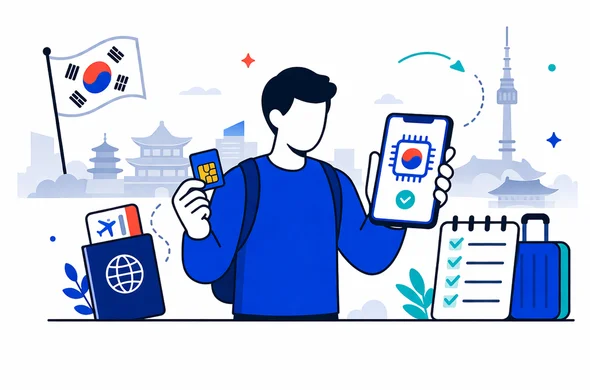 Flat or semi-flat vector illustration, clean lines, modern tech feel, 2D or light isometric, not photorealistic. A faceless traveler comparing a physical SIM card and an eSIM setup on a smartphone before a trip to South Korea, with passport, boarding pass, checklist icons, and a subtle Seoul skyline silhouette in the background. Deep blue and turquoise Aid-Air palette with South Korea inspired red accents. Minimal white and soft grey background, calm organized efficient safe mood, abstract characters, no readable text, no watermark.