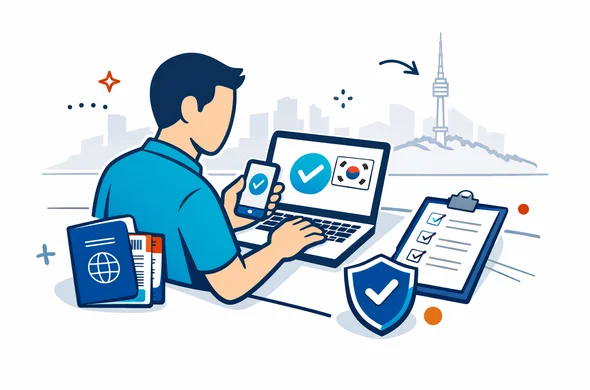 Flat or semi-flat vector illustration, clean lines, modern tech feel, isometric 2D, not photorealistic. A faceless traveler checking South Korea K-ETA exemption status on a laptop and phone, with passport, boarding pass, checklist, and a small shield icon. Deep blue and turquoise Aid-Air palette with South Korea inspired red accents. Minimal white and light grey background with a faint Seoul skyline silhouette and N Seoul Tower. Calm, organized, efficient, safe atmosphere. Abstract neutral characters, no readable text, no watermark.