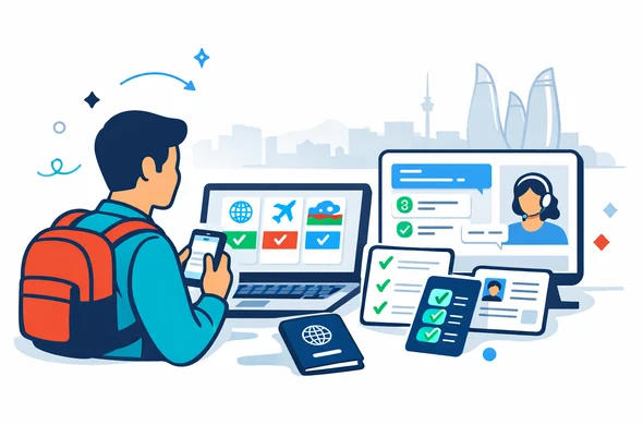 Flat or semi-flat vector illustration, clean lines, modern tech feel, 2D service selection scene for Azerbaijan eVisa. Abstract faceless traveler choosing the correct online visa path on a laptop and smartphone, with passport, checklist cards, and a calm support dashboard. Deep blue and turquoise primary palette with Azerbaijan-inspired accents of red, emerald green, and sky blue. Minimal white and light grey background with a faint Baku skyline and Flame Towers silhouette. Calm, organized, efficient, safe atmosphere. No text, no logo, no photorealism, no watermark.