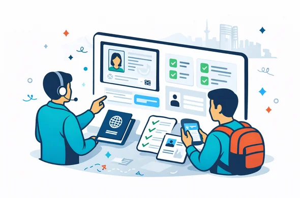 Flat or semi-flat vector illustration, clean lines, modern tech feel, isometric document review scene for Azerbaijan eVisa assistance. Abstract faceless support agent and traveler reviewing passport scan, checklist, digital form fields, and uploaded documents on a large dashboard. Deep blue and turquoise primary palette with Azerbaijan-inspired accents of red, emerald green, and sky blue. Minimal white and light grey background with a faint Maiden Tower and Baku architectural outline. Calm, organized, efficient, safe atmosphere. No text, no logo, no photorealism, no watermark.