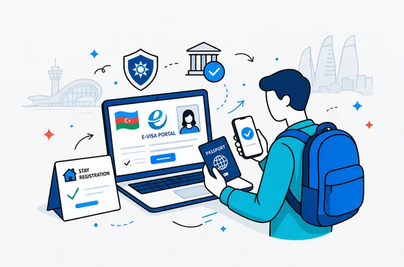 Flat or semi-flat vector illustration, clean lines, modern tech feel, 2D official verification and travel readiness scene for Azerbaijan. Abstract faceless traveler holding passport and phone while reviewing official eVisa portal, government verification icons, and a stay registration reminder card. Deep blue and turquoise primary palette with Azerbaijan-inspired accents of red, emerald green, and sky blue. Minimal white and light grey background with a faint outline of Baku airport and Flame Towers silhouette. Calm, organized, efficient, safe atmosphere. No text, no logo, no photorealism, no watermark.