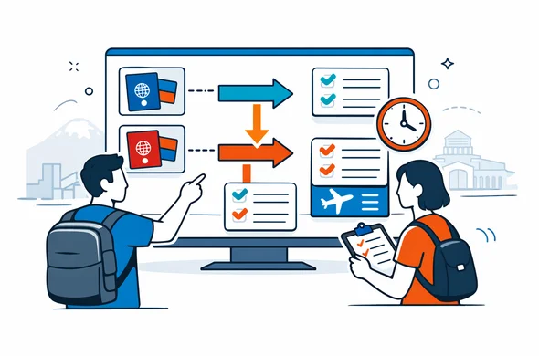 Flat or semi-flat vector illustration, clean lines, modern tech feel, isometric 2D. Two abstract faceless travelers compare different Armenia visa routes on a digital dashboard with passport cards, route arrows, clock icon, and checklist panels. Deep blue and turquoise primary palette, Armenian apricot orange and warm pomegranate red accents. Minimal white and grey background with faint Yerevan architecture silhouette. Calm, organized, efficient atmosphere. No photorealism, no text, no watermark.