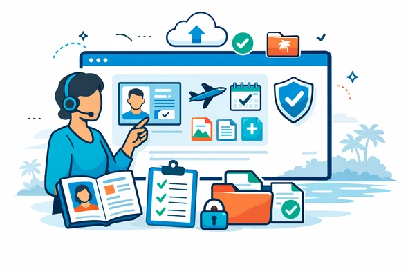 Semi-flat vector illustration, modern visa service workflow in 2D. An abstract digital assistant reviews uploaded passport scans, travel details, and supporting files on a clean dashboard before eVisa submission for Papua New Guinea. Deep blue and turquoise palette with coral and tropical green destination accents. Documents, checklist icons, cloud upload, and secure shield symbols. Minimal white background with a faint tropical coastline and light jungle silhouette. Calm, organized, trustworthy, faceless neutral characters, not photorealistic.