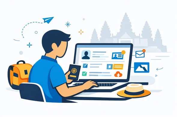 Flat vector illustration, modern travel-tech interface, semi-flat 2D with light isometric elements. A faceless traveler sits with a laptop and passport, completing a Cambodia eVisa application on a clean dashboard. Deep blue and turquoise brand colors, with Cambodia accent colors in warm temple gold and soft saffron. Minimal white and light grey background, faint silhouette of Angkor Wat in the distance. Calm, organized, secure atmosphere, clean lines, no photorealism, no readable text.
