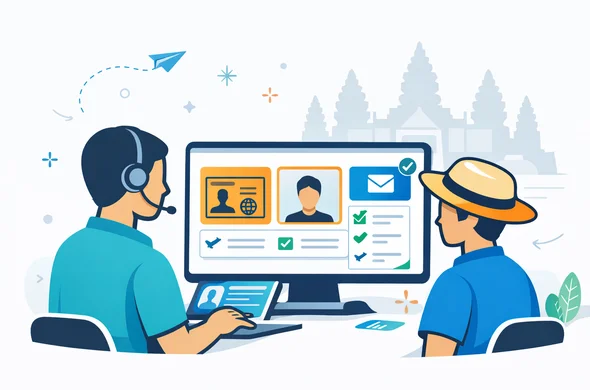 Flat or semi-flat vector illustration with clean lines and modern tech mood. A faceless support specialist and traveler review passport scan, portrait photo, email confirmation, and entry-point checklist on a digital screen for a Cambodia eVisa application. Deep blue and turquoise palette with Cambodia accent in golden orange and muted tropical green. Minimal background with faint Angkor Wat outline and subtle travel icons. Calm, trustworthy, organized, no photorealism, no readable text.