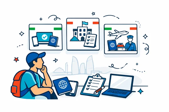 Flat or semi-flat vector illustration, clean lines, modern tech feel, 2D organized travel-planning scene for Azerbaijan visa decisions. Abstract faceless traveler comparing three entry paths on floating cards: eVisa, embassy application, and airport arrival visa. Deep blue and turquoise primary palette with Azerbaijan-inspired red and green accent details. Passport, phone, laptop, checklist, and calm interface elements on a minimalist white and light grey background, faint outline of Baku Flame Towers skyline, no text, no logos, not photorealistic.