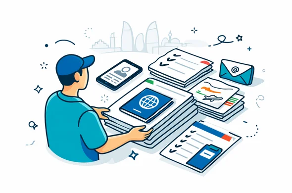 Flat or semi-flat vector illustration, clean lines, modern tech feel, isometric document-preparation scene for an Azerbaijan visa application. Abstract faceless traveler organizing passport, ID details, phone, email icon, booking paper, checklist cards and neatly stacked forms. Deep blue and turquoise primary colors with Azerbaijan-inspired red and green accents. Minimalist white and light grey background, faint Baku old city and Flame Towers outline, calm and efficient mood, no text, no logos, not photorealistic.