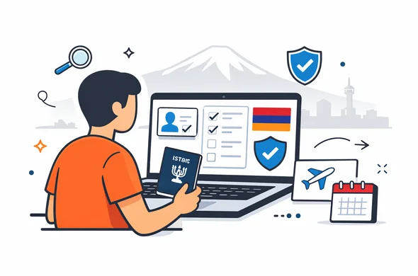 Flat or semi-flat vector illustration, clean lines, modern tech feel, 2D or light isometric scene. Abstract faceless traveler with Israeli passport and laptop checking Armenia visa eligibility on an official-looking digital portal, with calm interface cards, checklist, shield icon, and subtle Mount Ararat or Yerevan skyline outline in the background. Deep blue and turquoise primary colors, Armenian accent colors red, blue, and orange, minimalist white and light grey background, organized safe atmosphere, no text, no logos, not photorealistic. Flat or semi-flat vector illustration, clean lines, modern tech feel, 2D or light isometric scene. Abstract faceless traveler with Israeli passport and laptop checking Armenia visa eligibility on an official-looking digital portal, with calm interface cards, checklist, shield icon, and subtle Mount Ararat or Yerevan skyline outline in the background. Deep blue and turquoise primary colors, Armenian accent colors red, blue, and orange, minimalist white and light grey background, organized safe atmosphere, no text, no logos, not photorealistic.