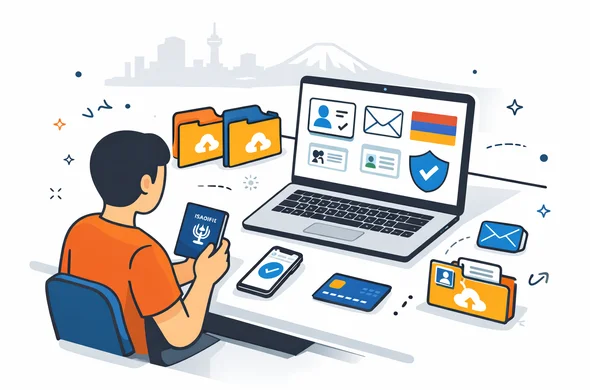 Flat or semi-flat vector illustration, clean lines, modern tech feel, isometric desk scene with abstract faceless traveler organizing passport, phone, laptop, digital document cards, email icon, payment card, and neat upload folders for an Armenia visa application. Deep blue and turquoise primary colors with Armenian accent colors red, blue, and orange. Minimalist white and grey background, calm organized efficient safe atmosphere, faint Yerevan skyline line art, no text, no logos, not photorealistic. Flat or semi-flat vector illustration, clean lines, modern tech feel, isometric desk scene with abstract faceless traveler organizing passport, phone, laptop, digital document cards, email icon, payment card, and neat upload folders for an Armenia visa application. Deep blue and turquoise primary colors with Armenian accent colors red, blue, and orange. Minimalist white and grey background, calm organized efficient safe atmosphere, faint Yerevan skyline line art, no text, no logos, not photorealistic.