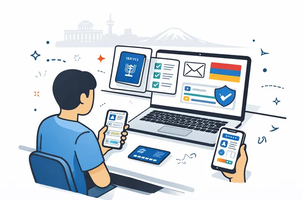 Flat or semi-flat vector illustration, clean lines, modern tech feel, 2D workflow scene with abstract faceless support-style traveler reviewing an Armenia visa application before final submission, comparing passport details, upload checklist, email confirmation, and status tracking card on desktop and phone. Deep blue and turquoise primary colors with Armenian accent colors red, blue, and orange, minimalist white and grey background, faint outline of Armenian government building or Mount Ararat, calm organized safe atmosphere, no text, no logos, not photorealistic. Flat or semi-flat vector illustration, clean lines, modern tech feel, 2D workflow scene with abstract faceless support-style traveler reviewing an Armenia visa application before final submission, comparing passport details, upload checklist, email confirmation, and status tracking card on desktop and phone. Deep blue and turquoise primary colors with Armenian accent colors red, blue, and orange, minimalist white and grey background, faint outline of Armenian government building or Mount Ararat, calm organized safe atmosphere, no text, no logos, not photorealistic.