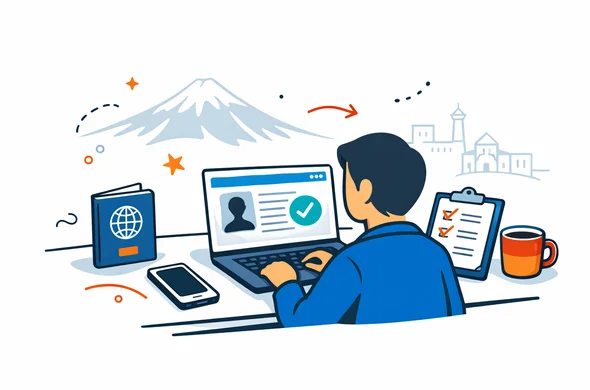 Flat or semi-flat vector illustration, clean lines, modern tech feel, 2D or light isometric. Abstract faceless traveler checking Armenia visa eligibility on a laptop, with passport, checklist, phone and digital visa screen on desk. Deep blue and turquoise primary colors with Armenian accent colors apricot orange and warm red. Calm organized efficient safe atmosphere. Minimalist white and light grey background with a faint outline of Mount Ararat and Yerevan skyline. No text, no logos, not photorealistic.