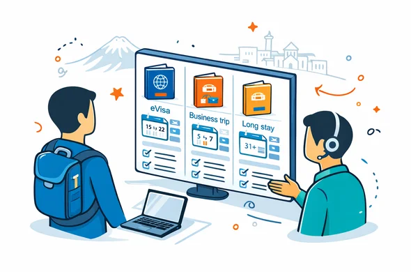 Flat or semi-flat vector illustration, clean lines, modern tech feel, isometric service comparison scene. Abstract faceless traveler and support specialist comparing Armenia travel paths on a digital board: short visit eVisa, business trip, and long stay residency, with passport cards, calendar icons, checklist panels and laptop. Deep blue and turquoise primary colors with Armenian accent colors apricot orange and warm red. Calm organized efficient safe atmosphere. Minimalist white and light grey background with a faint outline of Yerevan architecture and Mount Ararat. No text, no logos, not photorealistic.