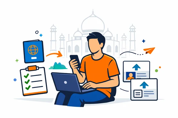 Flat or semi-flat vector illustration, clean lines, modern tech feel, 2D or light isometric. Abstract faceless traveler in casual clothing using a smartphone and laptop to start an India tourist e-visa application, with passport, checklist cards, upload icons and calm support flow visuals. Primary palette deep blue and turquoise, destination accent colors saffron, green and subtle India blue. Minimal white and light grey background with a faint Taj Mahal silhouette. Calm, organized, efficient, safe atmosphere. No text, no logos, not photorealistic.