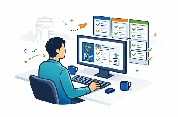 Flat or semi-flat vector illustration, clean lines, modern tech feel, isometric scene. Abstract faceless support specialist reviewing an India tourist e-visa application on a desktop screen with passport scan, uploaded document cards, validation check marks and a structured workflow board. Deep blue and turquoise primary colors with saffron and green India accents. Minimal white and light grey background with a faint outline of India Gate. Calm, organized, efficient, safe atmosphere. No text, no logos, not photorealistic.