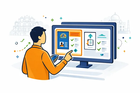 Flat or semi-flat vector illustration, clean lines, modern tech feel, 2D comparison scene. Abstract faceless traveler choosing the correct India visa service path on a digital dashboard with one highlighted short-trip tourist e-visa route, supportive checklist, passport and phone icons. Deep blue and turquoise primary palette with saffron and green India accents. Minimal white and grey background with a faint Jaipur Hawa Mahal or Taj Mahal outline. Calm, organized, efficient, safe atmosphere. No text, no logos, not photorealistic.