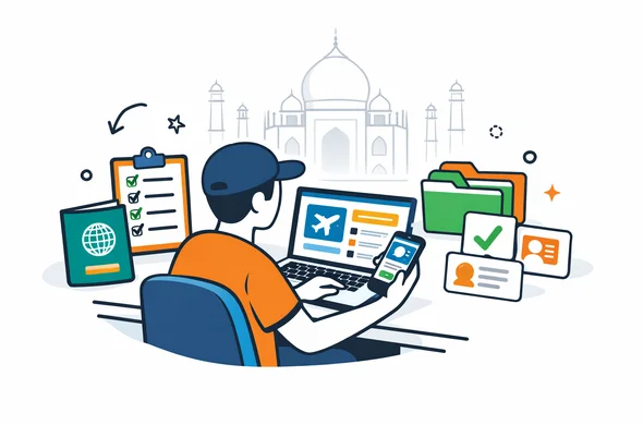 Flat or semi-flat vector illustration, clean lines, modern tech feel, isometric 2D scene of an abstract faceless traveler choosing an India five-year tourist eVisa service path on a laptop and smartphone, passport, checklist cards and organized digital folders visible, calm organized efficient safe atmosphere, deep blue and turquoise primary palette with India accent colors saffron orange and green, minimalist white and light grey background with a faint Taj Mahal silhouette, no text, no logos, not photorealistic
