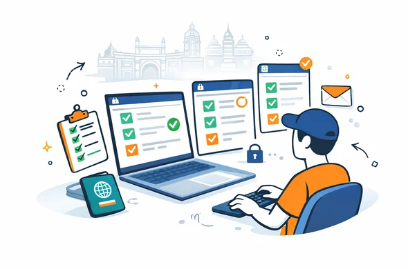 Flat or semi-flat vector illustration, clean lines, modern tech feel, isometric digital submission scene showing an abstract faceless traveler completing an online India tourist eVisa workflow with checklist steps, secure portal screens, email confirmation icon and passport nearby, calm organized efficient safe atmosphere, deep blue and turquoise primary palette with India accent colors saffron orange and green, minimalist white and light grey background with a faint Mumbai skyline and temple silhouette, no text, no logos, not photorealistic