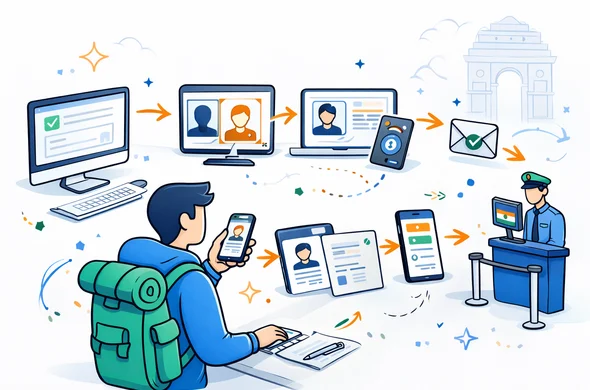 Flat or semi-flat vector illustration, clean lines, modern tech feel, isometric workflow scene showing an abstract faceless traveler moving through India online visa steps on a desktop and phone: application form, photo upload, passport page upload, online payment, email approval, airport immigration checkpoint, deep blue and turquoise primary colors with India accent colors saffron orange and green, calm organized efficient safe atmosphere, minimalist white and grey background with a faint India Gate silhouette, simple friendly characters, minimal shading, no text, no logos, not photorealistic