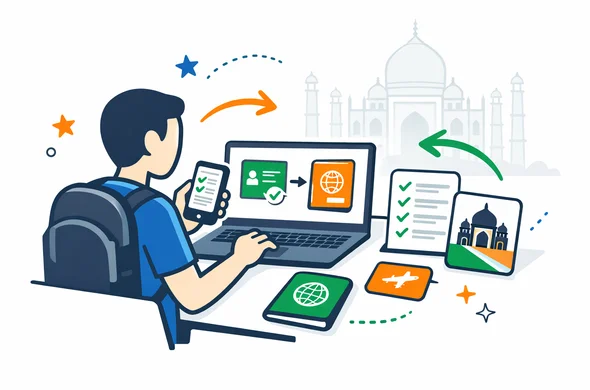 Flat or semi-flat vector illustration, clean lines, modern tech feel, isometric travel planning scene for India. Abstract faceless traveler comparing visa and entry options on a laptop and smartphone, with passport, checklist cards, route arrows and organized document icons. Deep blue and turquoise primary palette with India accent colors saffron orange and India green. Calm, organized, efficient, safe atmosphere. Minimal white and light grey background with a faint Taj Mahal silhouette. No text, no logos, no photorealism, no watermark.